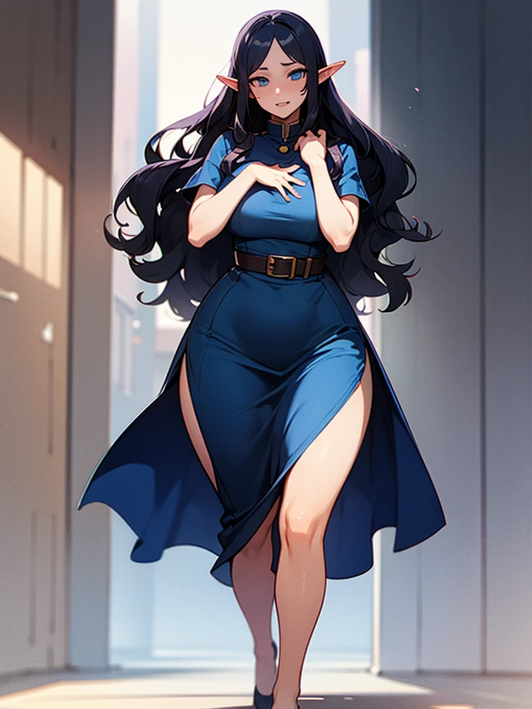 (((I want an elf milf woman, curvy body, dark blue long wavy hair and light blue eyes, standing alone, wearing a sexy navy blue dress)))