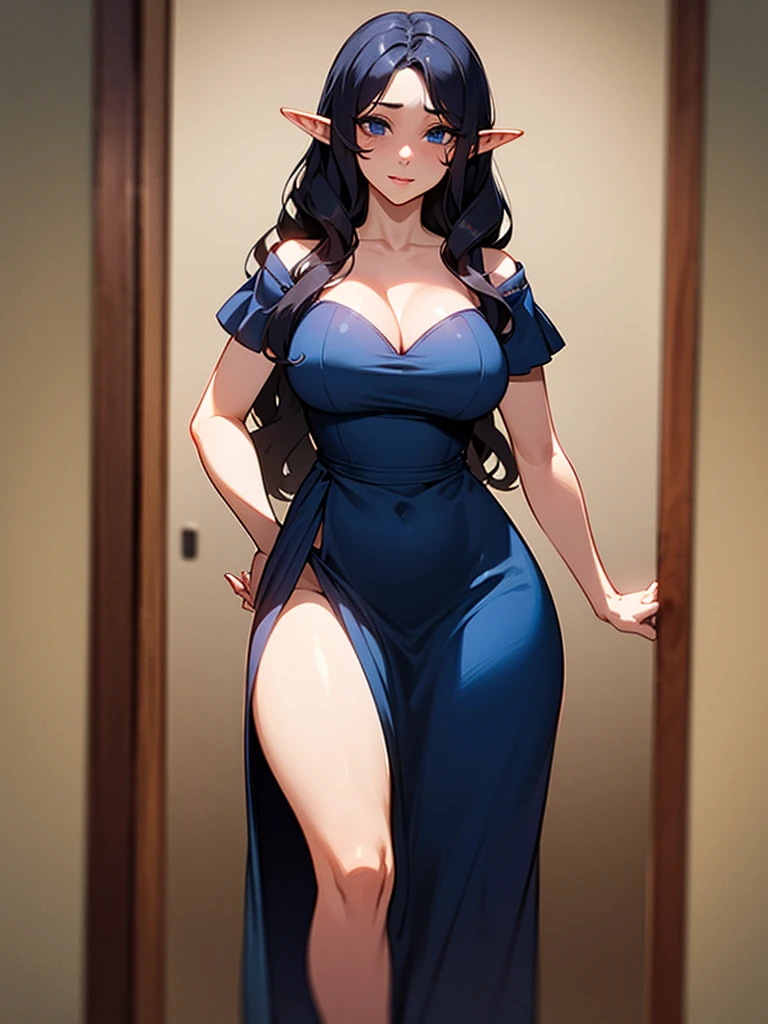 (((I want an elf milf woman, curvy body, dark blue long wavy hair and light blue eyes, standing alone, wearing a sexy navy blue dress)))