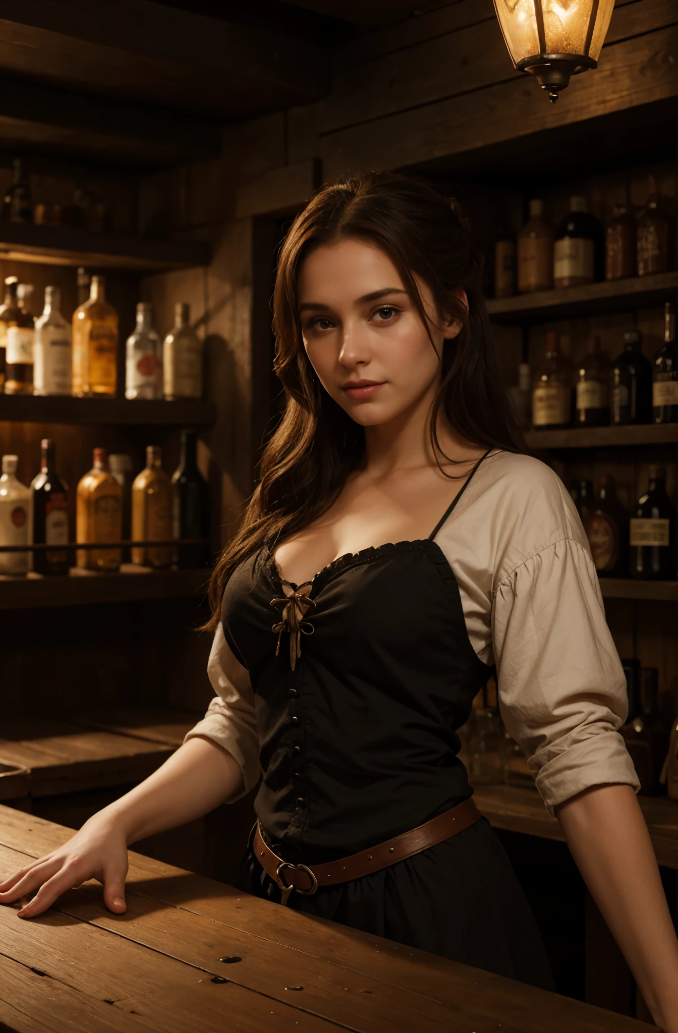 A 4K picture of a female bartender in a tavern, medieval age theme, in a tavern, stunning gorgeous face, highly detailed, warm colors, masterpiece, soft diffused lighting