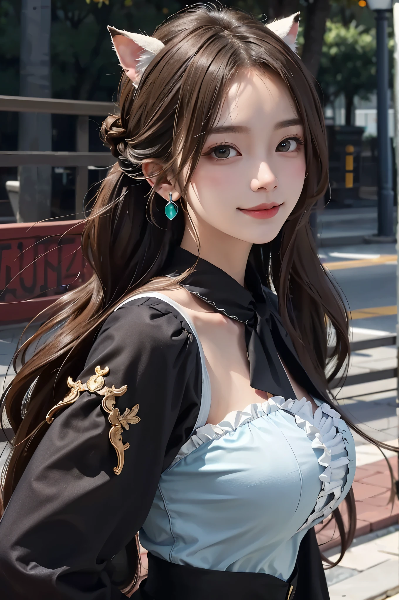 Outdoors, 1 , view from above, upper body whole body, Henri, long hair, half updo, Mitsuami, hair between eyes, animal ears, earrings, Horse tail, big boobs, frills, Black Ascot, green one piece, (sleeves past wrists:1.2), black thighs, upward gaze, shy smile