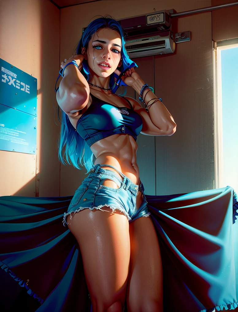 Mujer araffe con un top negro y pantalones cortos azules posando para una foto., julia fuentes, violeta myers, 2 4 old female model, figura delicada en forma, cara bonita con brazos y piernas, cintura delgada y caderas gruesas, muslos expuestos!!!, buena chica joven, usando una foto corta, vestida con un top y pantalones cortos