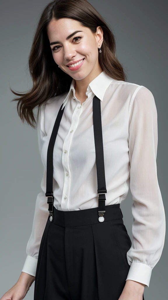 smiling woman with a black shirt and white suspenders with black trousers, this person does not exist, 30 years old, large eyebrows, olivia thirlby-shania twain-allison williams-ana ortiz-kate middleton-emily bett rickards-jenna dewan-nancy kerrigan-scarlett johansson-selma blair-natasha poly-victoria justice merged, entire body visible, full body, hyperrealistic, best quality, 8K, real human skin, masterpiece, extremely intricate, medium closeup, detailed eyes, detailed face, detailed body, exaggerated features, pronounced features