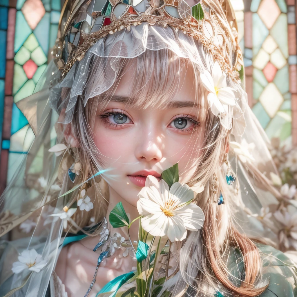 Sexy lady in WHITE and Delicate lace clothes, Glossy RED lips and tongue, (Exposed:0.9), (nipple:-0.9), { very Cute tongue closeup | Dynamic-angle }, ((Dazzling stained glass Background)), (( colorful Light shines through stunning elaborate stained glass:1.2)), vivid Red colors . ((Acutance:0.8, physically-based rendering)), (masterpiece:1.2), (ultra-detailed:1.35), (realistic, photorealistic, ((photo-realistic:1.37))with touch of rawness) . ((Renbutsu Misako)), (Extremely detailed KAWAII face variations, expression variations), detailed eyes with sparkling highlights, captivating gaze, long eyelashes, subtle blush on the face, rosy cheeks, impeccable skin texture . full of flowers covering girl's body, { Mystic sight | haze | Light Particle | Lens Particle | Lens Flare | Dazzling Halo } . (((large eyes:-0.9, not Detailed fingers:-0.9))) .