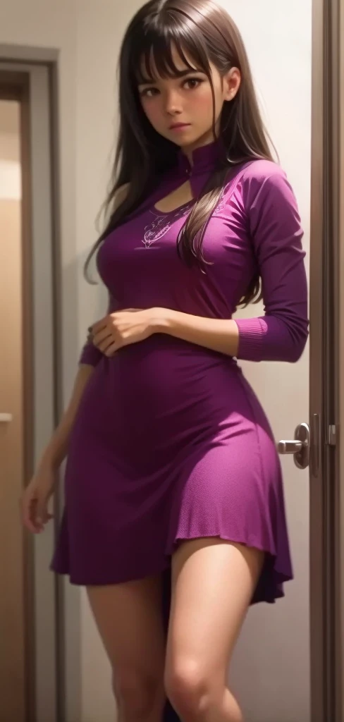 She is a girl. Adolecente. Vestido ajustado violeta.