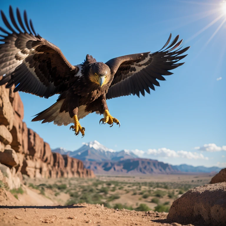 Golden eagle catching a rabbit and jumping up,panoramic,real