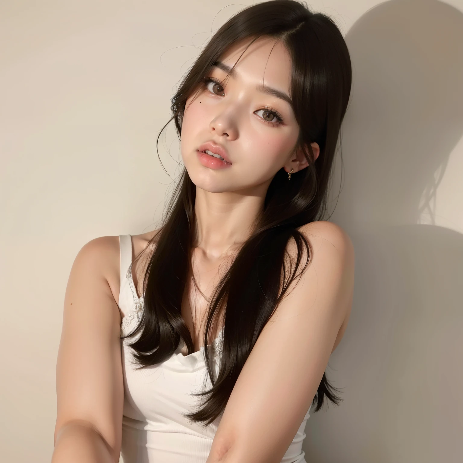 korean girl with clear and flawless skin, almond-shaped, foxy green eyes that exude an intense and captivating gaze, along with an intense and seductive gaze. small and button nose, plump heart-shaped lips, and a slim defined jaw. long, straight, and silky black hair. she's doing a live on weverse app, wearing a beige top with a thin eyeliner and natural gloss, with gold jewelry. modern, minimalist, and luxurious bedroom with a full white background and subtle golden decor.