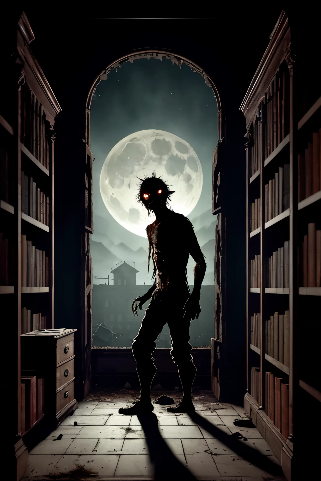 A lone zombie wanders through a deserted library, their ragged fingers trailing across dusty shelves. Moonlight streams through shattered windows, illuminating forgotten tales and whispers of a world long gone.