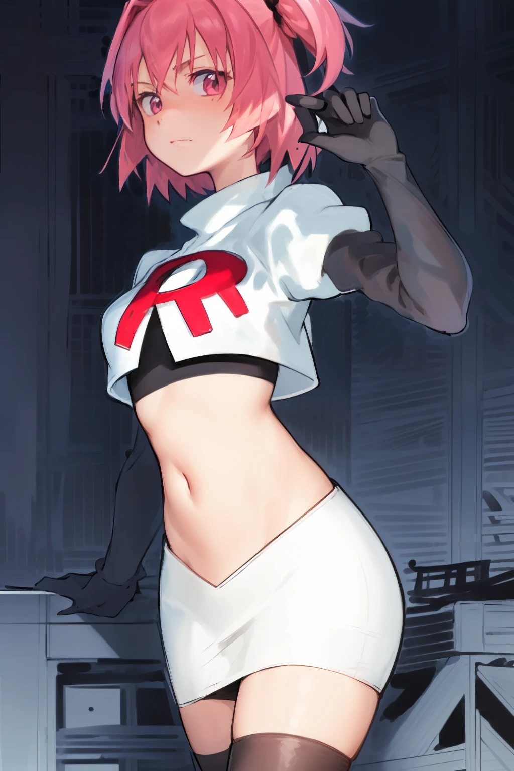 2d, masterpiece, best quality, anime, highly detailed, cowboy shot, 1girl, solo, natsuki, pink eyes, pink hair, medium hair, two side up, hair ribbon, hair ornament, pouty lips, team rocket,team rocket uniform,white skirt,red letter R,crop top,black thigh-highs,black elbow gloves