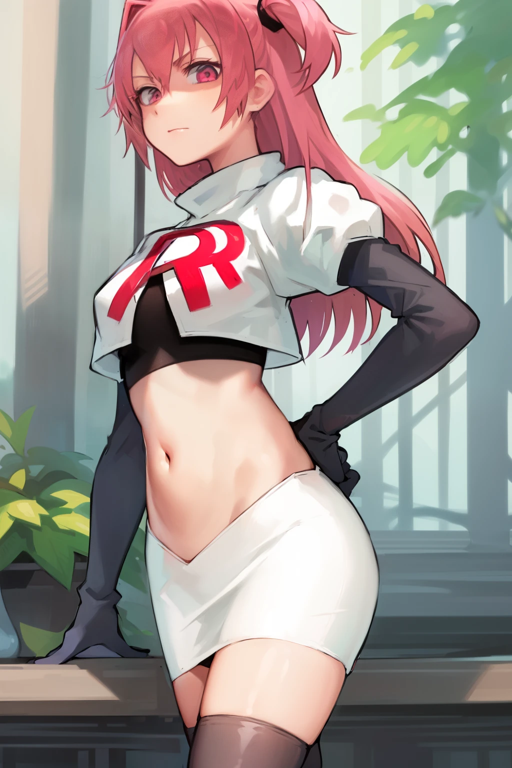 2d, masterpiece, best quality, anime, highly detailed, cowboy shot, 1girl, solo, natsuki, pink eyes, pink hair, medium hair, two side up, hair ribbon, hair ornament, pouty lips, team rocket,team rocket uniform,white skirt,red letter R,crop top,black thigh-highs,black elbow gloves