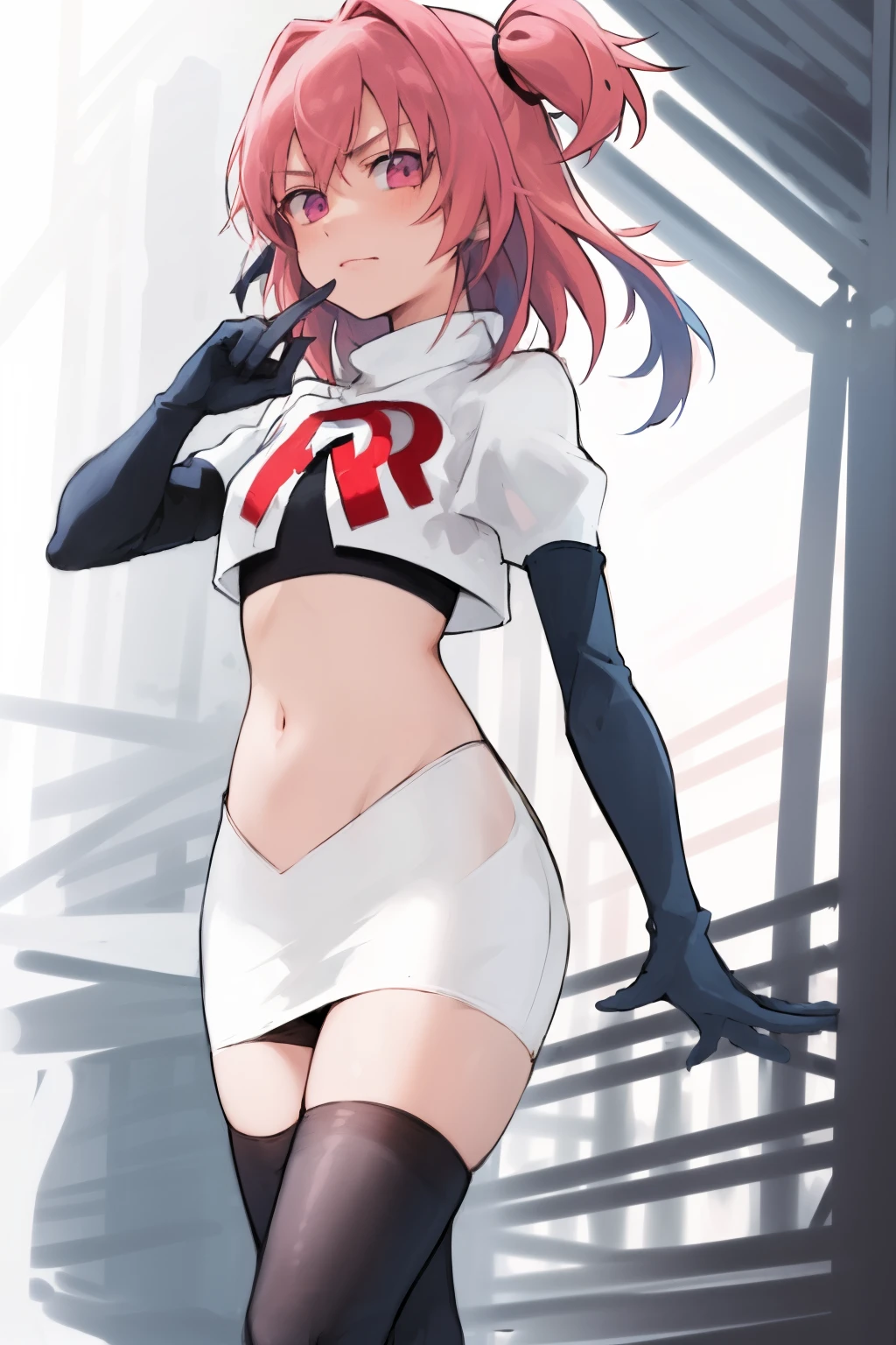 2d, masterpiece, best quality, anime, highly detailed, cowboy shot, 1girl, solo, natsuki, pink eyes, pink hair, medium hair, two side up, hair ribbon, hair ornament, pouty lips,  team rocket,team rocket uniform,white skirt,red letter R,crop top,black thigh-highs,black elbow gloves
