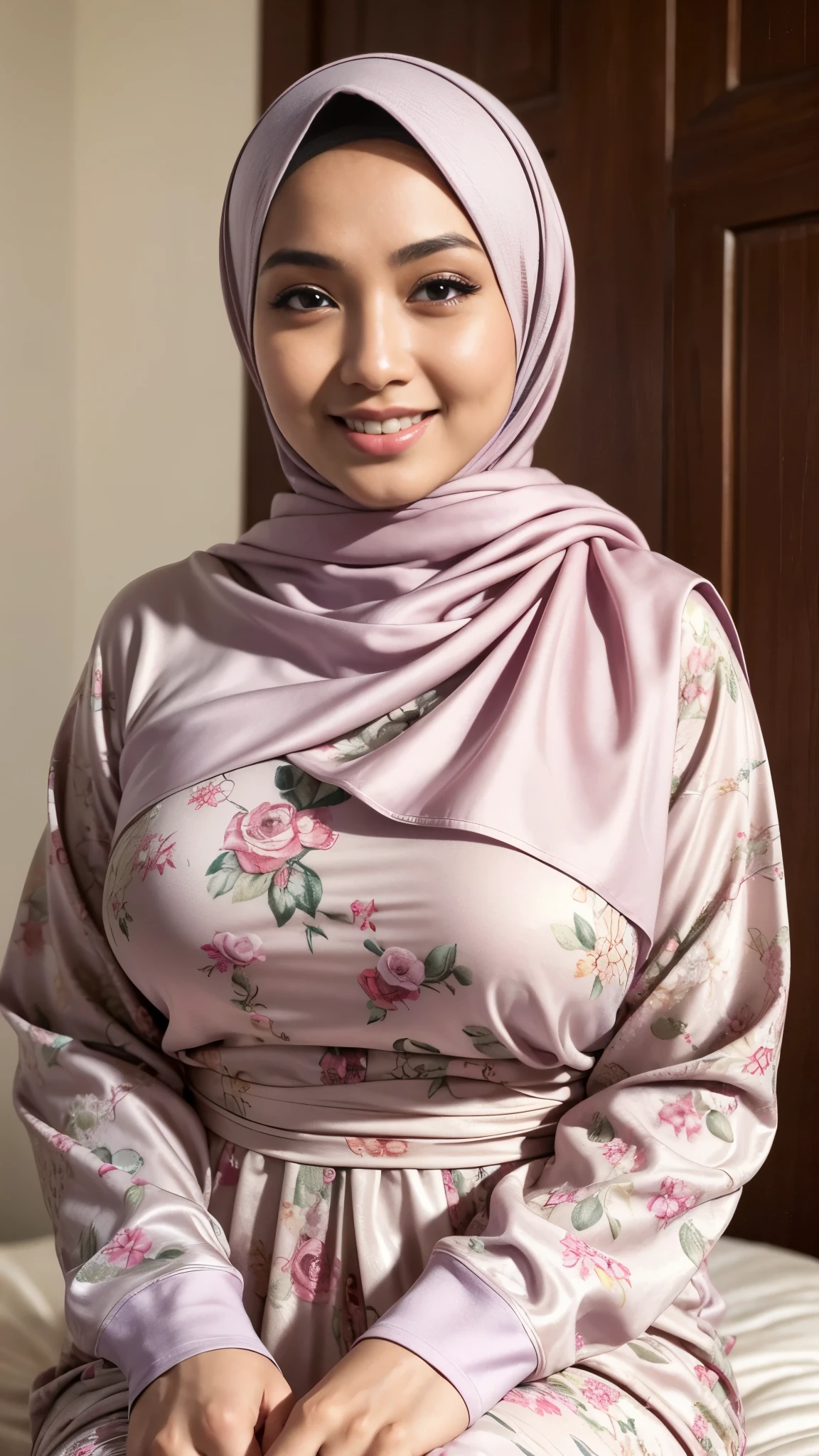 (Best quality, high resolution, masterpiece: 1.3), a beautiful malay woman in hijab, big breasts, slim figure, sweatshirt, beautifully presented details in the street and facial and skin texture, detailed eyes, double eyelids, big eyeschest visible, shirt openfeatures), HDR, 8k resolution, nice fingers, firm skin, (((high detail skin, visible pores))), 1 female, tall body, sitting on the bed, 30 years old, big breasts: 1.4, wearing Floral Silk Tight Malay Gamis Pastel Close Up Tight Hijab, Full Body, exotise pose, Beautiful Shy Smile