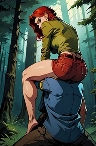 Two people in a forest at night. A "leggy redhaired woman in short shorts" is "on top of a deadman's shoulders" "woman on top" "sitting on  shoulders" "woman is holding deadman's head" "man got scared expression" ". the man's back is against a tree.
