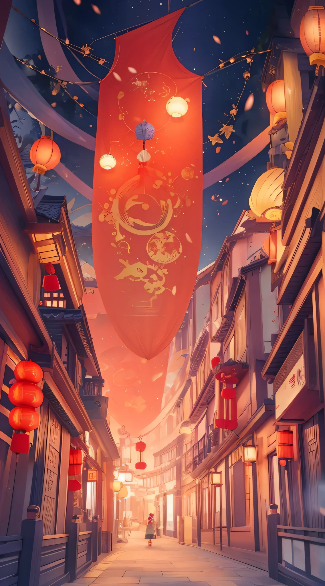 new year cartoon, girl, lantern, Red, Asian, night, sky sky, A beautiful artistic illustration, Chinese fantasy, Art wallpaper 8k, Popular topics on cgstation, Art wallpaper 4k, Japanese cartoon style 4k, Japanese cartoon fantasy illustration, rossdraws global illumination, author:hero, AliceX. open, Chinese Dream