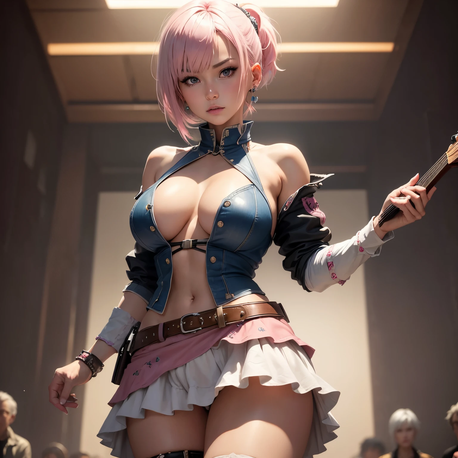 8k, masterpiece, best quality, realistic, higly detailed, cowboy shot, 1girl, solo, Ichika Nakano, very short hair that has a single long strand on the right side, white-pink hair, a single earring, dark blue eyes, average height, well-endowed figure, large breasts, cute, Punk Singer