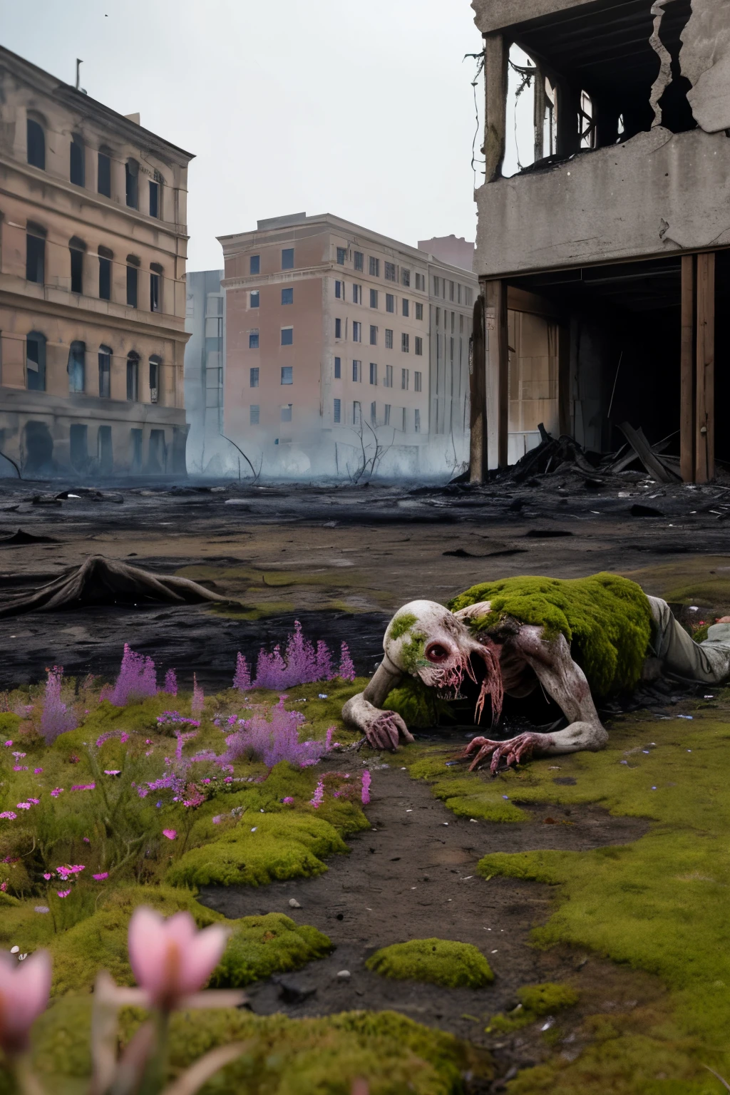 A moss-covered zombie gardener tends to a patch of vibrant wildflowers amidst the ruins of a once-thriving city. Their touch, surprisingly gentle, coaxes life from the scorched earth, a testament to the enduring power of nature