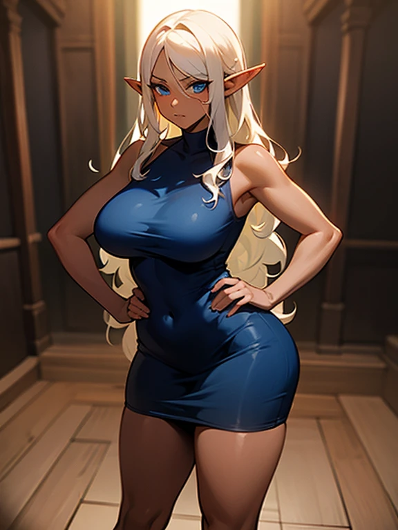 (((I want an elf woman, dark skin, curvy body, dark blue long wavy hair and light blue eyes, standing alone, wearing a sexyvy blue dress)))