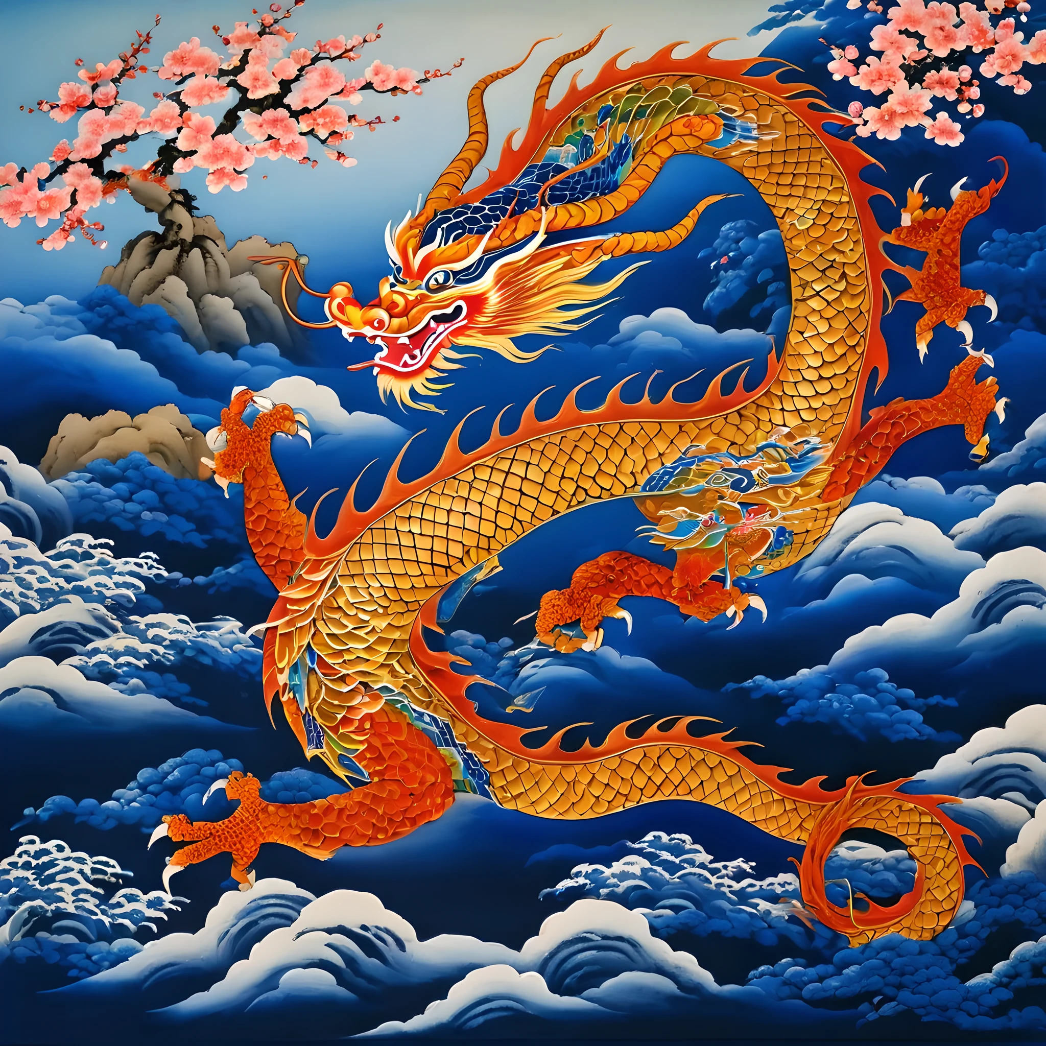 Dragon painting on blue background, airbrush painting by Kishi Ganku, Shutterstock Contest Winners, Cloisonnism, Ukiyo-e, detailed painting, knowledge sharing attribution, masterpiece, best quality, high resolution, illustration style, depth of field, Detailed bio, Detailed environment.

