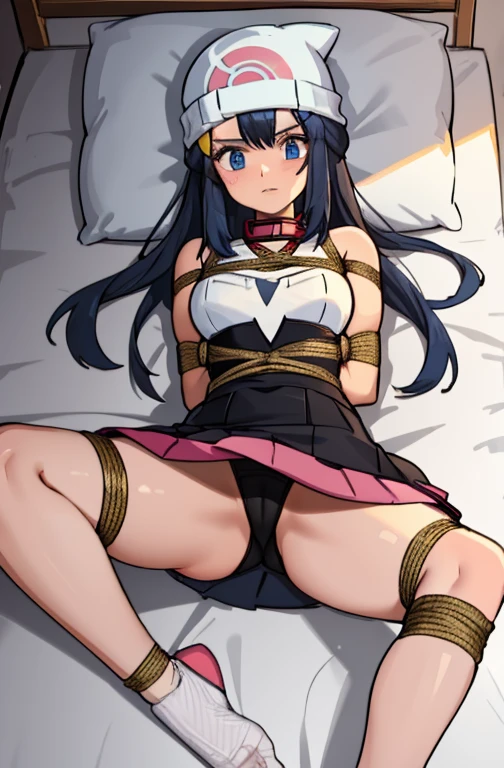 (tied arms, arm behind back, rope, tied legs:1.2),lie in bed,Please open your legs wide,Flipping skirt,Black short skirt,Show off your pants,black pants, High resolution, best quality, illustration, Super detailed, (detailed face), (fine eyes), soft lighting, best quality, very detailed, muste piece, looking at the viewer, embarrassing,I was scared,1 girl, alone,pokemon light,,white knit hat,long black hair,blue eyes