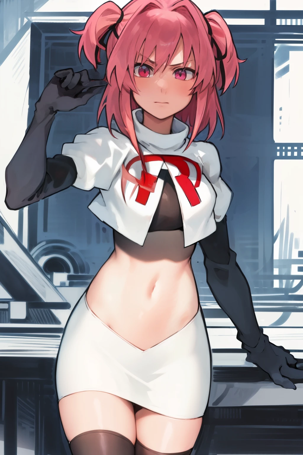 2d, masterpiece, best quality, anime, highly detailed, cowboy shot, 1girl, solo, natsuki, pink eyes, pink hair, medium hair, two side up, hair ribbon, hair ornament, pouty lips, team rocket,team rocket uniform,white skirt,red letter R,crop top,black thigh-highs,black elbow gloves