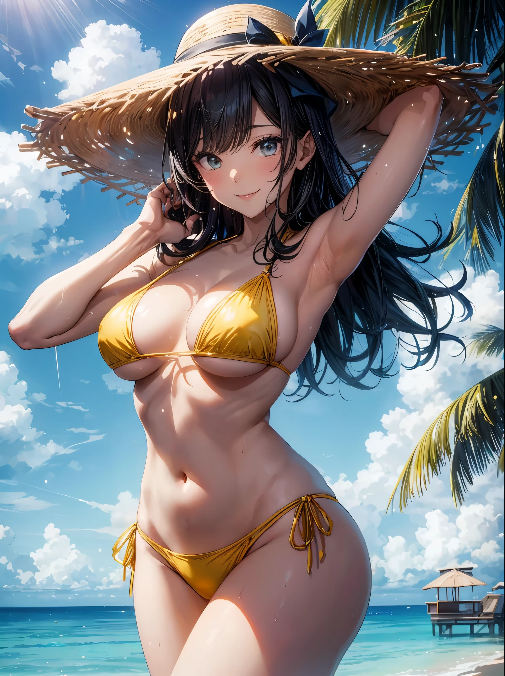 highest quality、complete limbs、full finger、Slender beauty、25 year old woman、black haired woman、straight hair woman、beautiful big breasted woman、((woman wearing yellow bikini))、Resorts、maldives、light blue water surface sea、jetty、naughty pose、wet texture、big smile、jettyの上でしゃがんでいる