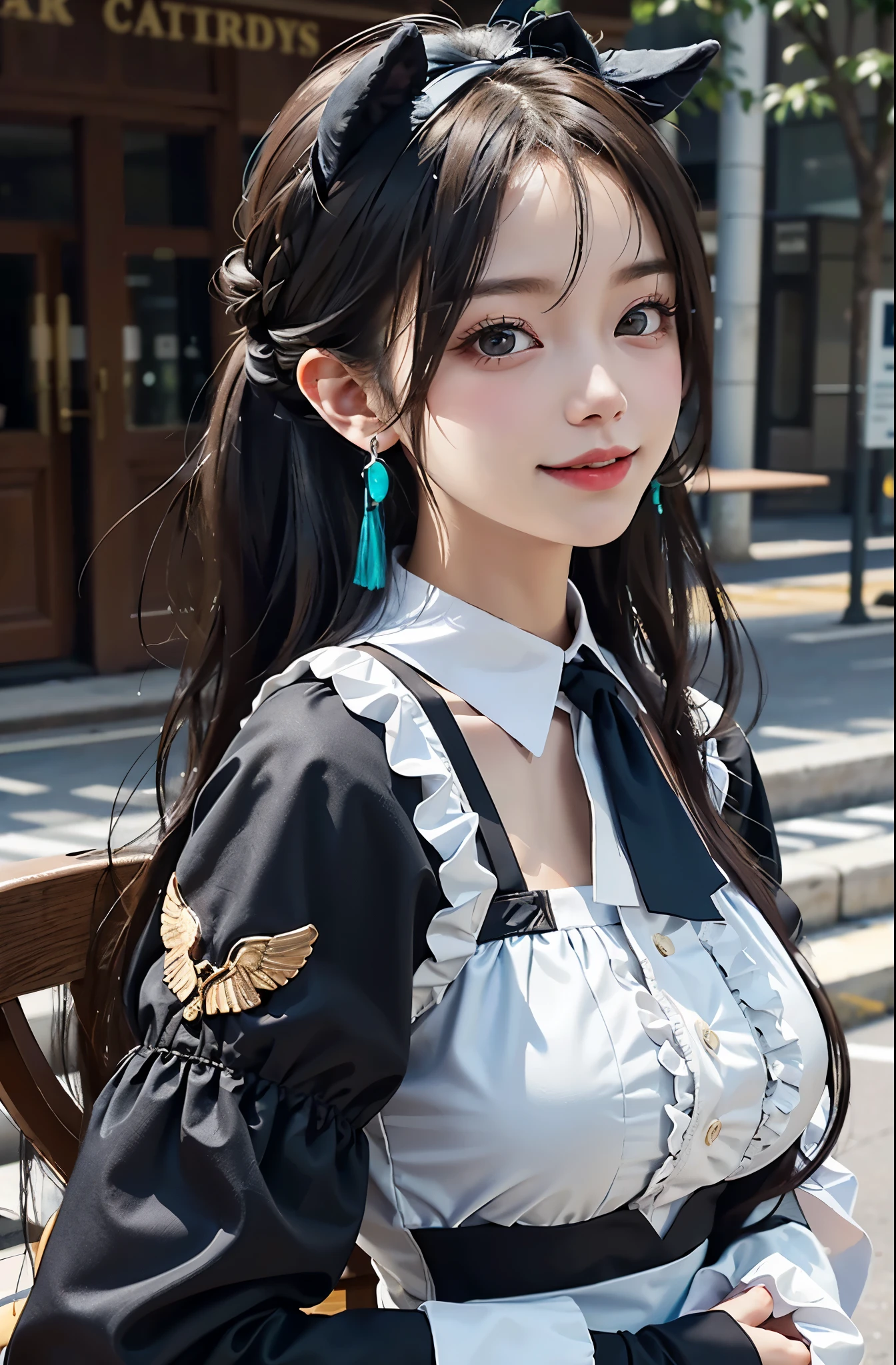 Outdoors, 1 , view from above, upper body whole body, Henri, long hair, half updo, Mitsuami, hair between eyes, animal ears, earrings, Horse tail, big boobs, frills, Black Ascot, green one piece, (sleeves past wrists:1.2), black thighs, upward gaze, shy smile