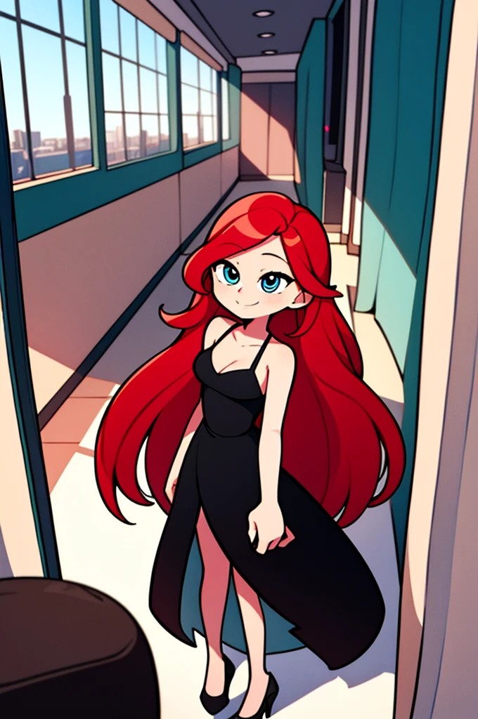 1 girl, , Red hair, Long Red hair, Medium Hair, Blue eyes, bare shoulders, little black dress, short black dress, white high heels, cleavage, standing up, Smile, room, indoor, window, daylight at the city, Sexy, masterpiece, High quality. 2D illustration