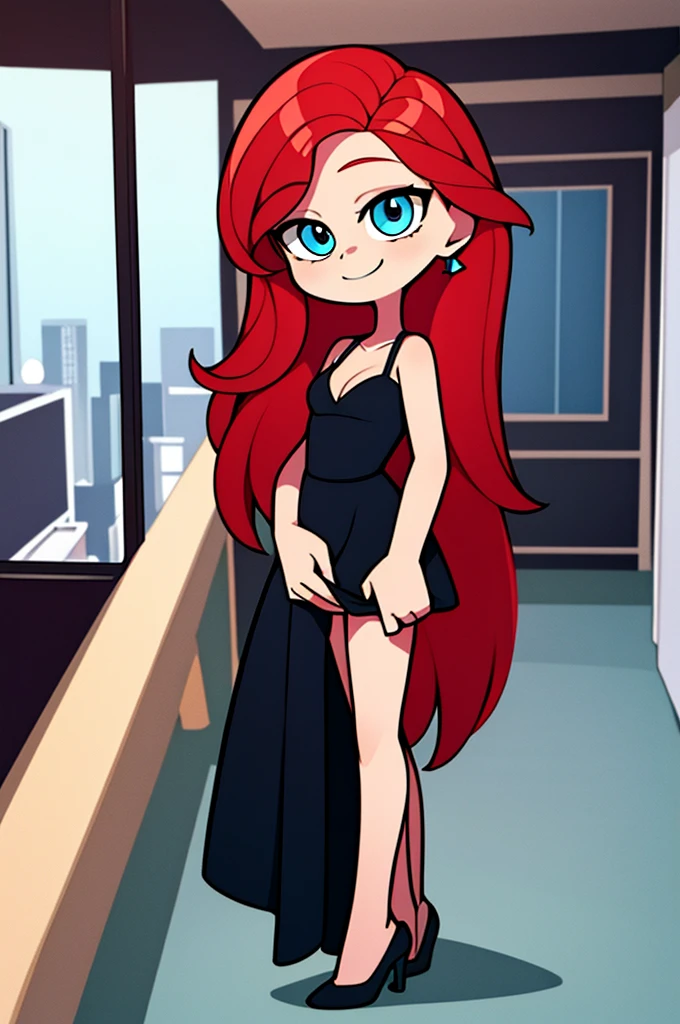1 girl, age, Red hair, Long Red hair, Medium Hair, Blue eyes, bare shoulders, little black dress, short black dress, white high heels, cleavage, standing up, Smile, room, indoor, window, daylight at the city, Sexy, masterpiece, High quality. 2D illustration