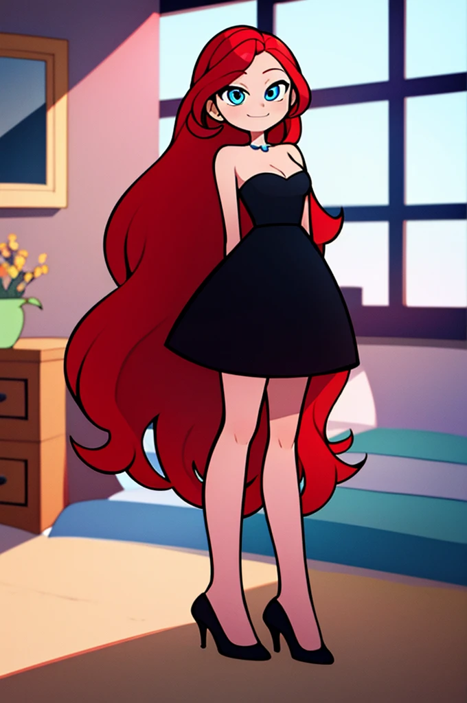 1 girl, Teenage, Red hair, Long Red hair, Medium Hair, Blue eyes, bare shoulders, little black dress, short black dress, white high heels, cleavage, standing up, Smile, room, indoor, window, daylight at the city, Sexy, masterpiece, High quality. 2D illustration