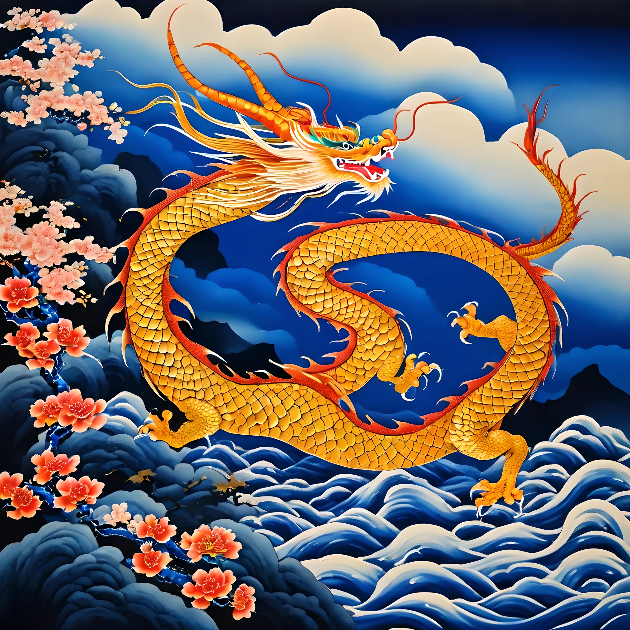 Dragon painting on blue background, airbrush painting by Kishi Ganku, Shutterstock Contest Winners, Cloisonnism, Ukiyo-e, detailed painting, knowledge sharing attribution, masterpiece, best quality, high resolution, illustration style, depth of field, Detailed bio, Detailed environment.

