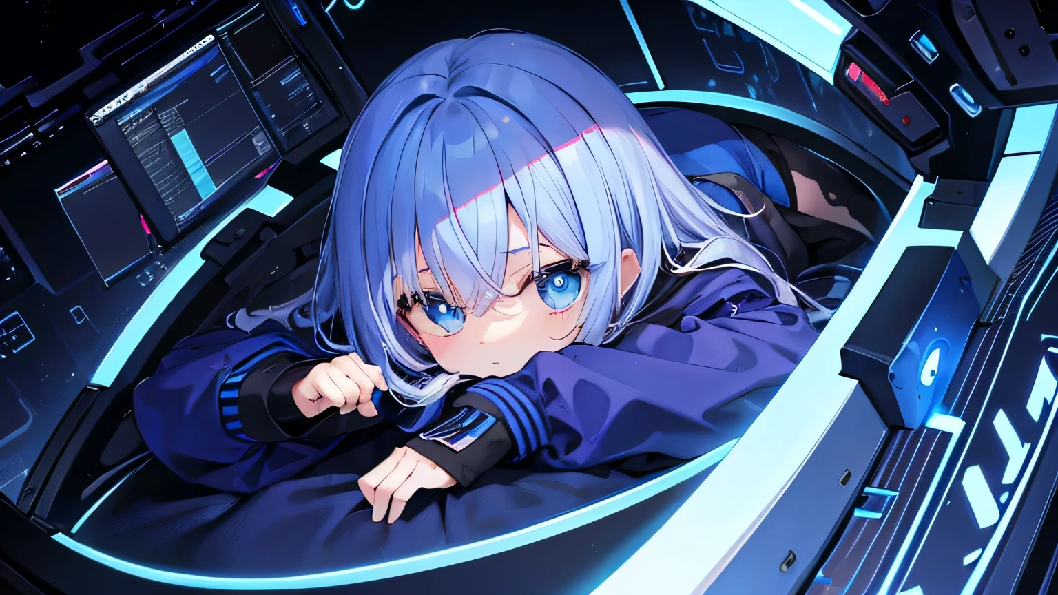 cyber. fundo cyber, cabelo branco olho azul roupa cyber, loli, dormindo.