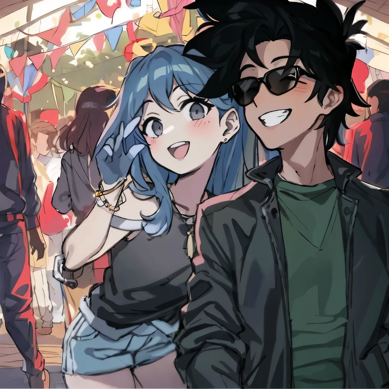 Arte estilo Akira Toryama, boy in sunglasses posing for a photo with a pretty girl at a party, sorrisos, fun, festa animada, pessoas 