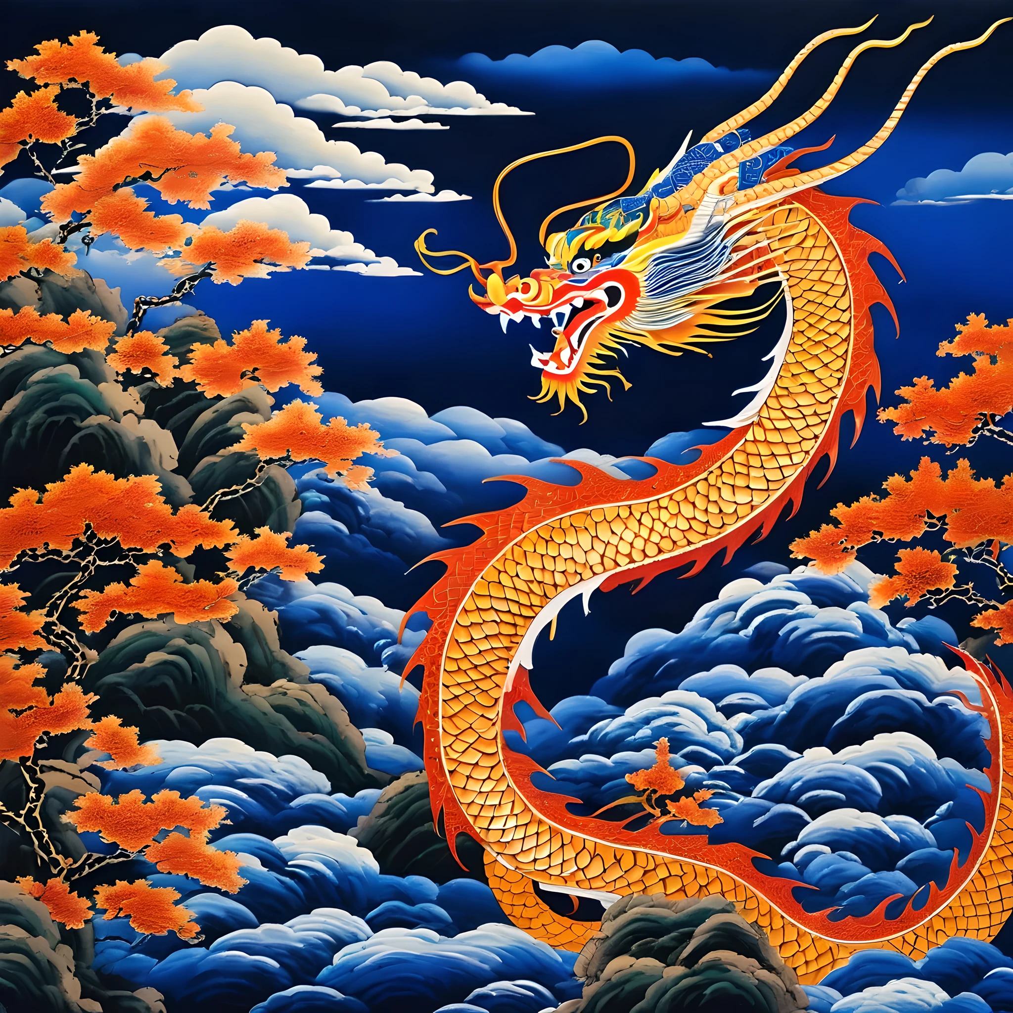 Dragon painting on blue background, airbrush painting by Kishi Ganku, Shutterstock Contest Winners, Cloisonnism, Ukiyo-e, detailed painting, knowledge sharing attribution, masterpiece, best quality, high resolution, illustration style, depth of field, Detailed bio, Detailed environment.

