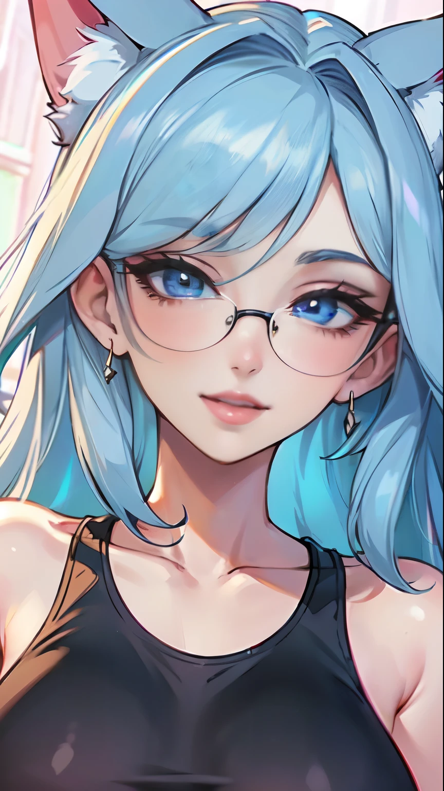 Masterpiece, beautiful art, professional artist, 8k, art style by sciamano240, very detailed face, very detailed hair, 1girl, perfectly drawn body, beautiful face, long hair, light blue hair , very detailed blue vertical cat eyes, pouty lips , rosey cheeks, intricate details in eyes, close up on face, looking straight at viewer, wearing normal silk tank top, in love with viewer expression , cheerful smile, milf, square glasses, light make up , wedding ring , lipstick,