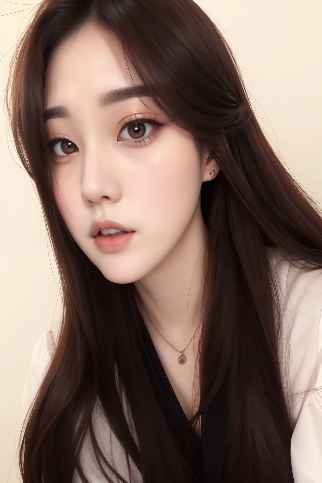 a close up of a woman with long hair and a white shirt, ulzzang, young adorable korean face, jinyoung shin, wan adorable korean face, korean girl, with round face, popular south korean makeup, korean face features, popular korean makeup, beautiful south korean woman, jaeyeon nam, young cute wan asian face, beautiful round face with 2017 BTS SUGA