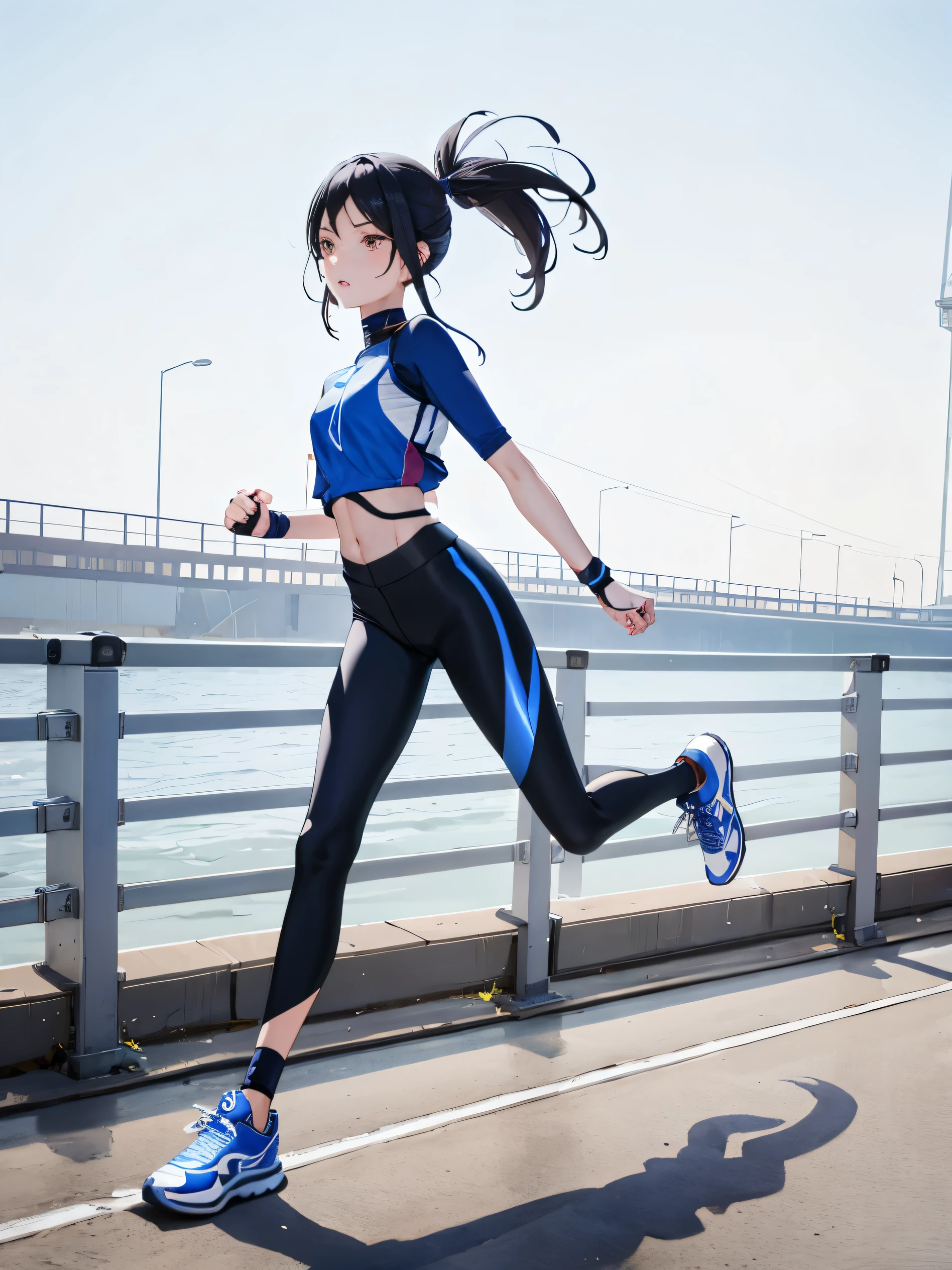 Blue delicate eyes, ,sports shoes，Black tights，Sports jacket，Hip-wrapped pants