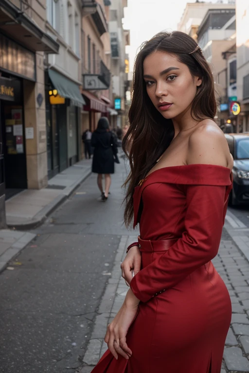 ((best quality)), ((masterpiece)), (detailed), perfect face realistic photo of beautiful woman with long dark brown hair, Russian, influencer, light freckles, dark brown eyes, big lips, no makeup, instagram, in a red dress standing on a street corner, patrick demarchelier, wearing long gown, 2 0 2 2, épaule devant pose, thierry mugler, absolutely outstanding image, benjamin vnuk, lookbook, 2 0 2 3, feature, in style of tyler mitchell