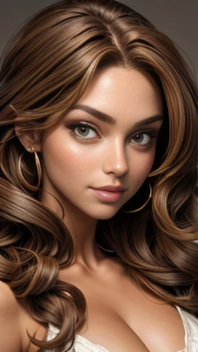 ((Masterpiece)), ((Best quality)), a woman, 30 years old, (feminine beauty), ((Perfect Skin)), her skin is fair and tanned, with a healthy appearance, ((Perfect Skin): 1.2), (Perfect_Face), (proportions of the face and eyes in harmony), (perfect_face:1.4), ((Long curly hair, light brown hair): 1.4).