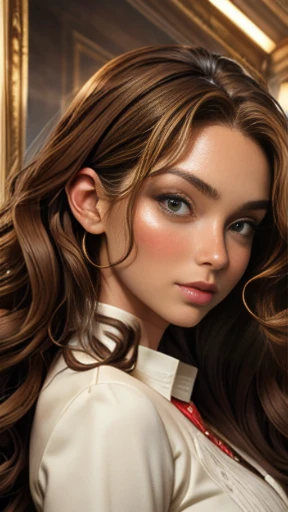 ((Masterpiece)), ((Best quality)), a woman, 30 years old, (feminine beauty), ((Perfect Skin)), her skin is fair and tanned, with a healthy appearance, ((Perfect Skin): 1.2), (Perfect_Face), (proportions of the face and eyes in harmony), (perfect_face:1.4), ((Long curly hair, light brown hair): 1.4).
