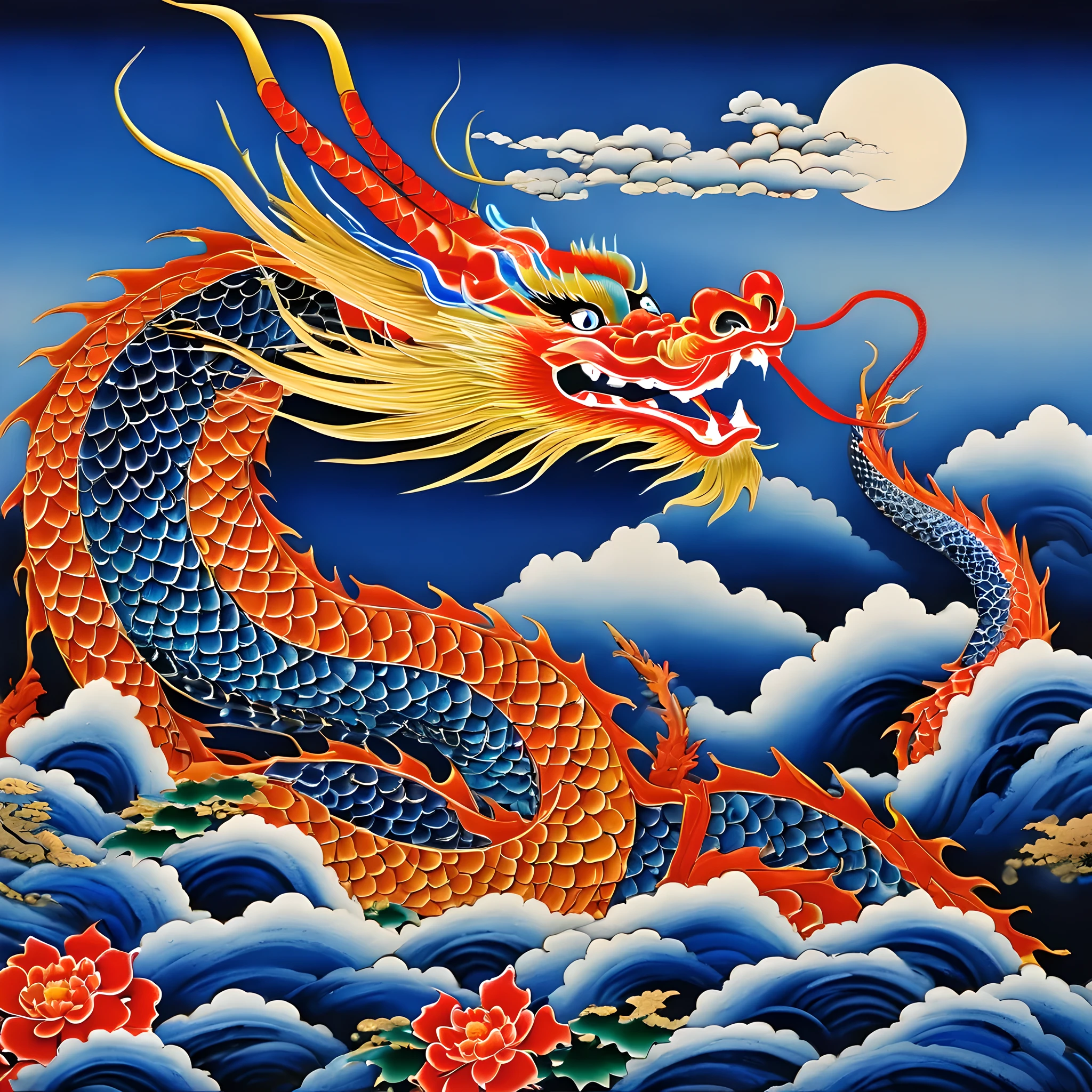 Dragon painting on blue background, airbrush painting by Kishi Ganku, Shutterstock Contest Winners, Cloisonnism, Ukiyo-e, detailed painting, knowledge sharing attribution, masterpiece, best quality, high resolution, illustration style, depth of field, Detailed bio, Detailed environment.

