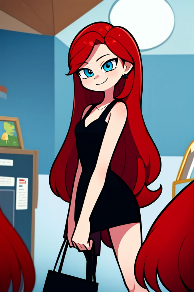 1 girl, , Red hair, Long Red hair, Medium Hair, Blue eyes, bare shoulders, little black dress, short black dress, skin-tight dress, white high heels, cleavage, standing up, Smile, room, indoor, window, daylight at the city, Sexy, masterpiece, High quality. 2D illustration