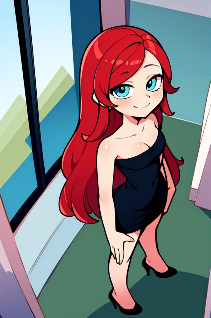 1 girl, , Red hair, Long Red hair, Medium Hair, Blue eyes, bare shoulders, little black dress, short black dress, skin-tight dress, white high heels, cleavage, standing up, Smile, room, indoor, window, daylight at the city, Sexy, masterpiece, High quality. 2D illustration