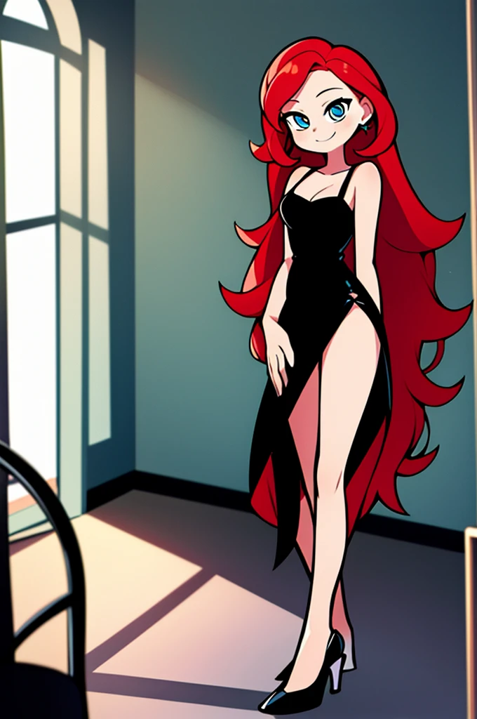 1 girl, , Red hair, Long Red hair, Medium Hair, Blue eyes, bare shoulders, little black dress, short black dress, skin-tight dress, white high heels, cleavage, standing up, Smile, room, indoor, window, daylight at the city, Sexy, masterpiece, High quality. 2D illustration