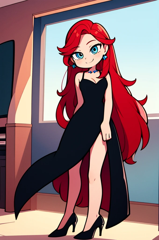 1 girl, age, Red hair, Long Red hair, Medium Hair, Blue eyes, bare shoulders, little black dress, short black dress, skin-tight dress, white high heels, cleaanding up, Smile, room, indoor, window, daylight at the city, Sexy, masterce, High quality. 2D illustration