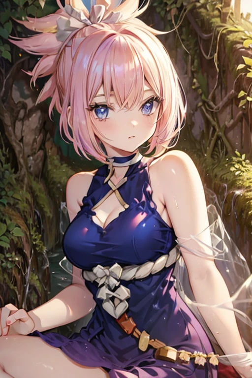 a pink haired woman with violet eyes with an hourglass figure with short hair is sitting on a branch
