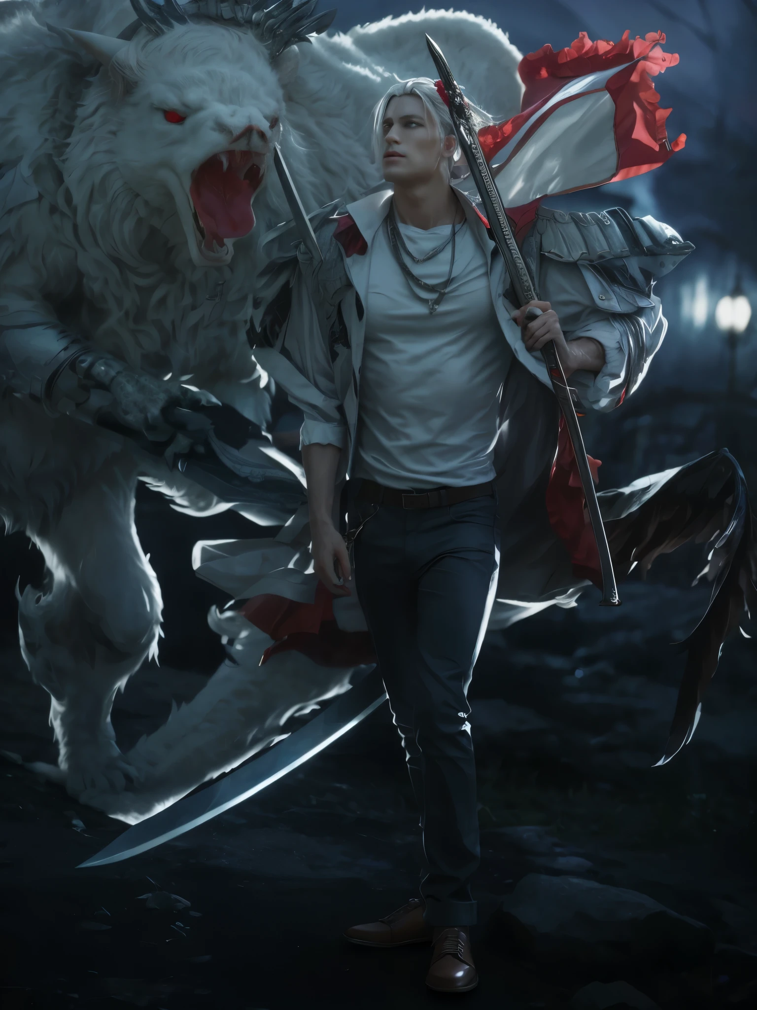 realistic male character holding a sword, wearing a white shirt, and a white devil one eyes on his right