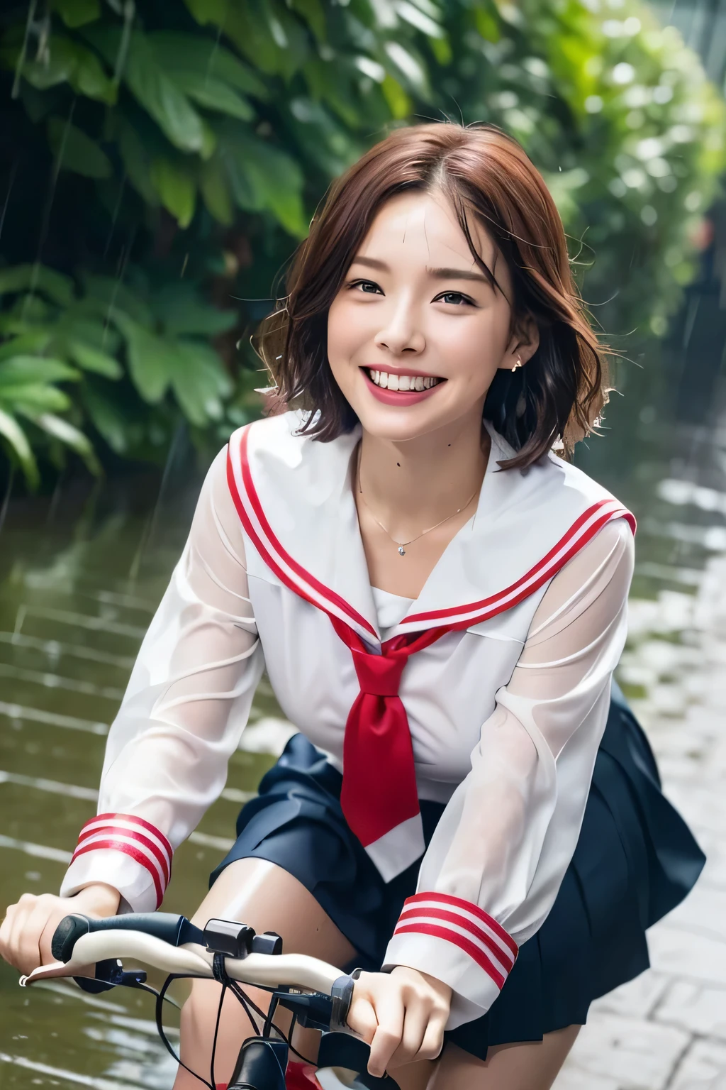 One Girl in the Rain、cheeks turn red、((Red Bicycle))、((Riding a bicycle and smiling))、look at the audience、heavy rain、big and full breasts、A sheer white sailor suit that sticks to your chest when wet、skirt、Girl in Japan uniform and girl in the rain 、Pedaling a bike in the rain、Floral、hairpin、necklace、earrings、Getting wet and leaning forward、look up from below、written boundary depth、先のとがったRed mouth、short hair of reddish-brown color wet and shiny,,,,,,Red mouth,black eye、clavicle、beautiful fingers、hourglass body、full body portrait、Loosen your tie、Wet cute face、