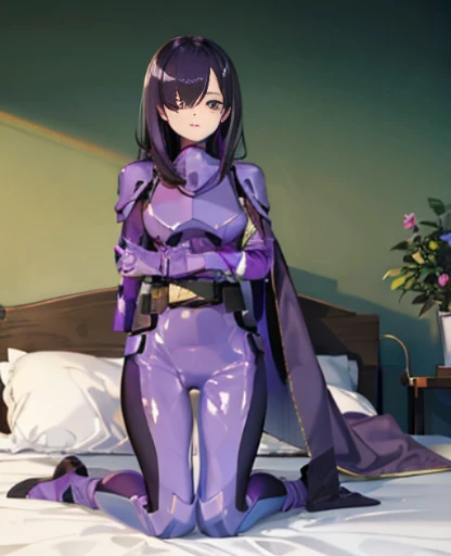 (Highly detailed CG), (highest quality), 1 girl, perfect face,  shiny skin, Glossy skin, wide hips,tight waist, solo 1 girl papillion auger, , cape, armor, belt, body suit, purple cape, purple body suit, gloves, buckle, black hair, left hair over one eye ,, purple eyes, No expression, long hair,Naked girl lying on bed, indoors,full body shot，