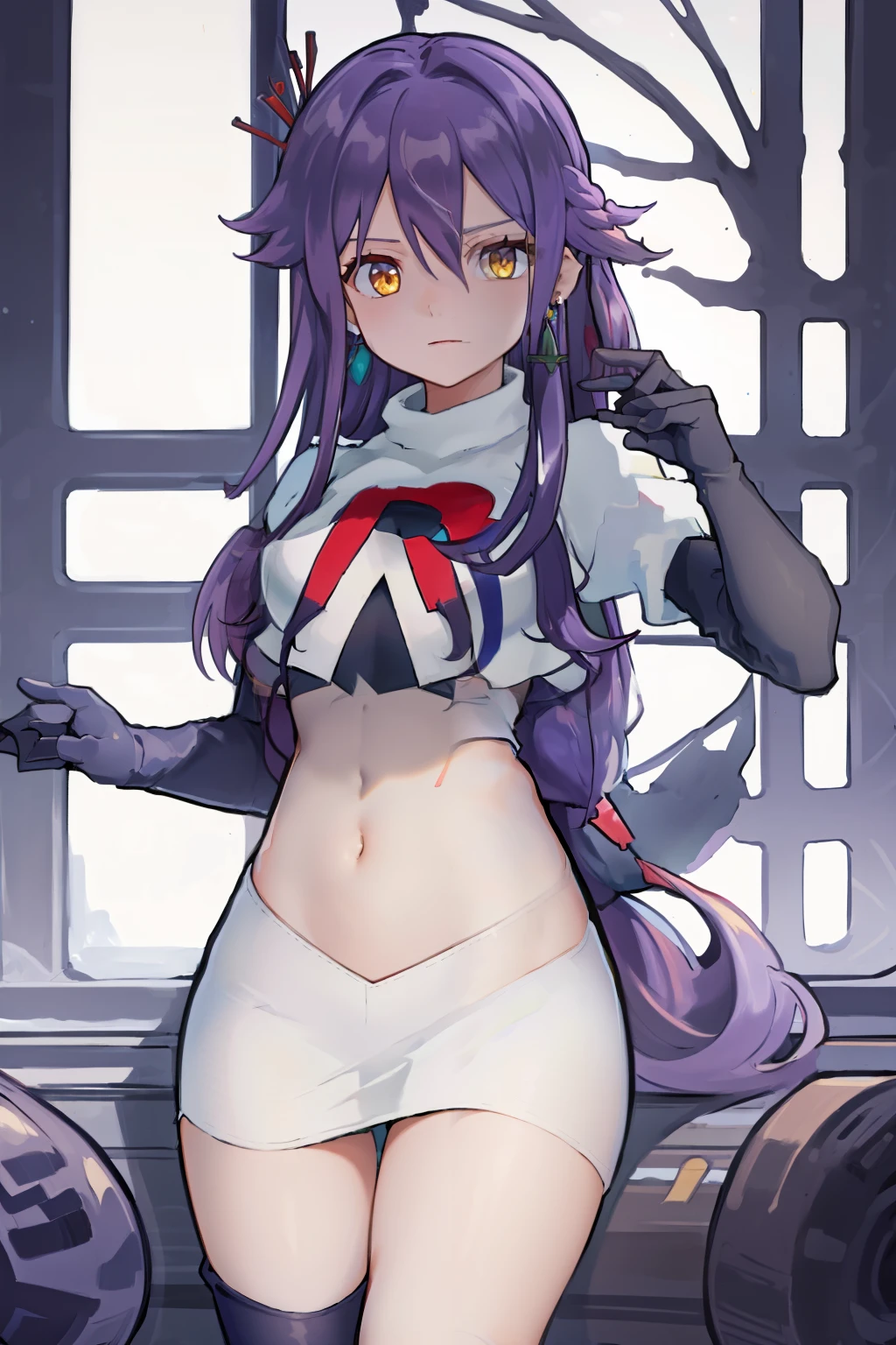 masterpiece, best quality, best 8k wallpaper,
1 girl,cowboy shot, long hair, purple hair, bangs, yellow eyes, earrings, hair between eyes, hair ornament,
team rocket,team rocket uniform,white skirt,red letter R,crop top,black thigh-highs,black elbow gloves