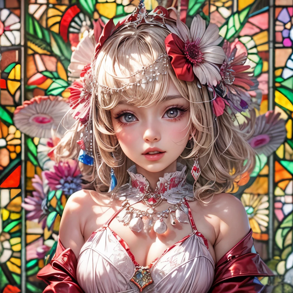 Sexy girl in ((WHITE)) and Delicate lace underwear, with Glossy RED lips, (Exposed:1.2), (nipple:-0.9), { closeup of Cute lips | Dynamic-angle }, ((Dazzling stained glass Background)), (( colorful Light shines through stunning elaborate stained glass:1.2)), vivid Red colors . ((Acutance:0.8, physically-based rendering)), (masterpiece:1.2), (ultra-detailed:1.35), (realistic, photorealistic, ((photo-realistic:1.37))with touch of rawness) . ((Renbutsu Misako)), (Extremely detailed KAWAII face variations, with Dynamic expressions),  detailed eyes with sparkling highlights, captivating gaze, long eyelashes, subtle blush on the face, rosy cheeks, impeccable oiled ivory skin texture . { full of flowers covering girl's body | Mystic sight | haze | Light Particle | Lens Particle | Lens Flare | Dazzling angle's Halo | (Red leather) high collar | Overflowing sideboob } . ((( not Detailed fingers:-0.9))) .