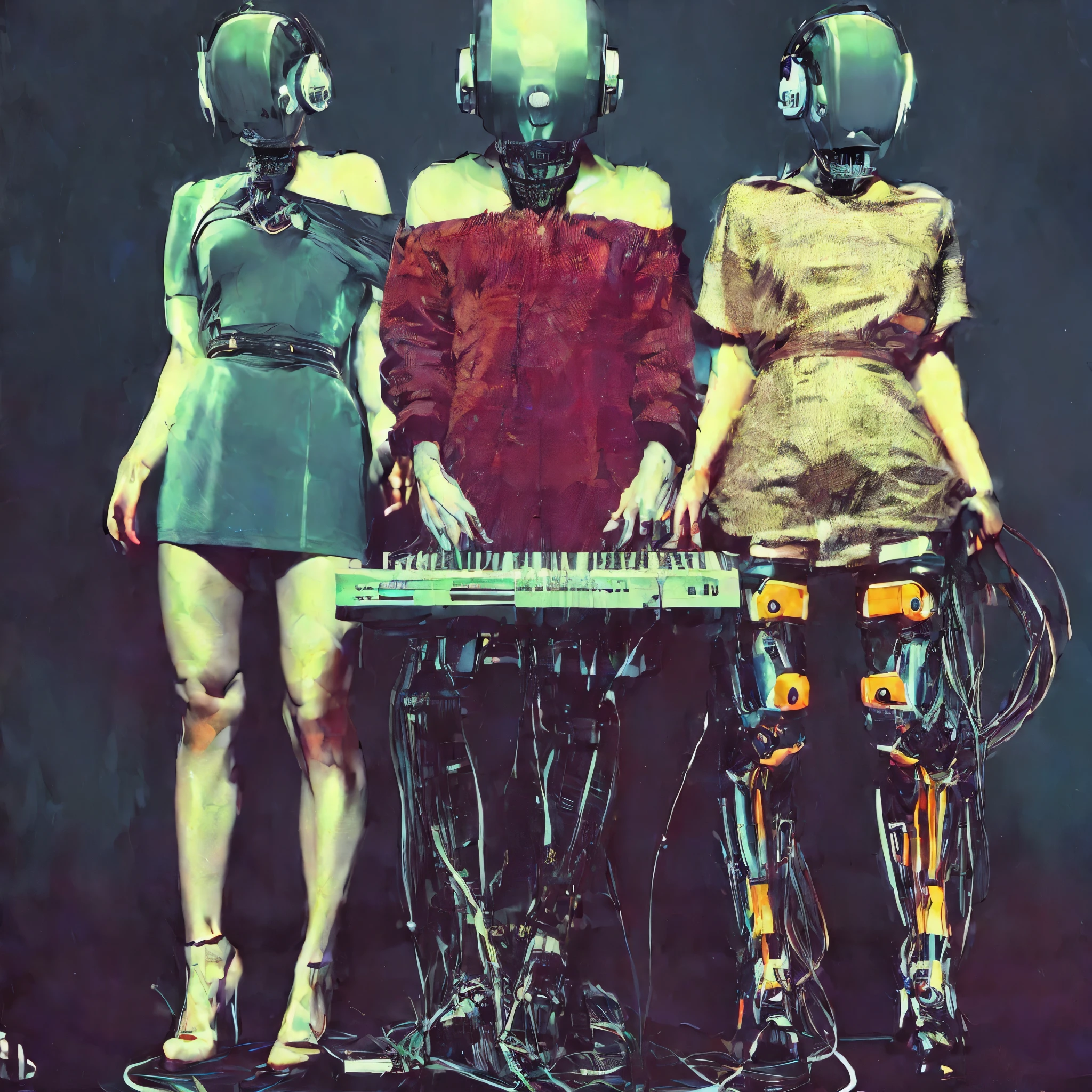 three women in futuristic costumes standing next to a keyboard, cyberpunk women, cyber style, cybernetic components!!, ( ( robot cyborgs ) ), cyber songman, synth feel, robot cyborgs, complex cybernetic beings, (cybernetic), cyberpunk))))), cybernetic legs, cybernetic, synth vibe, diverse cybersuits